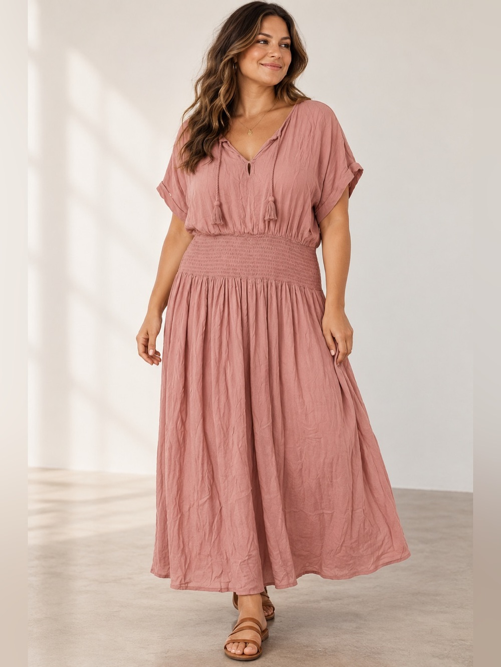 Rip Curl Blush Boho Maxi - Tie Front Smocked Waist Maxi Dress in Dusty Rose